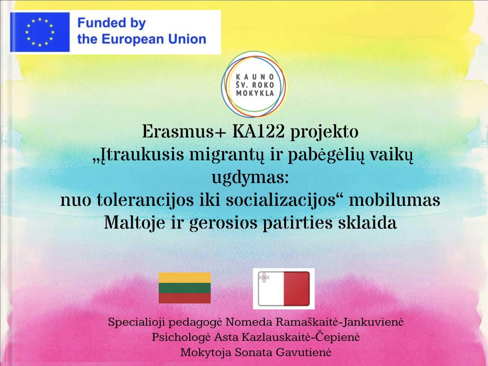 Read more about the article Kauno šv. Roko mokykla įgyvendino Erasmus+ projektą „Įtraukusis migrantų ir pabėgėlių vaikų ugdymas: nuo tolerancijos iki socializacijos“